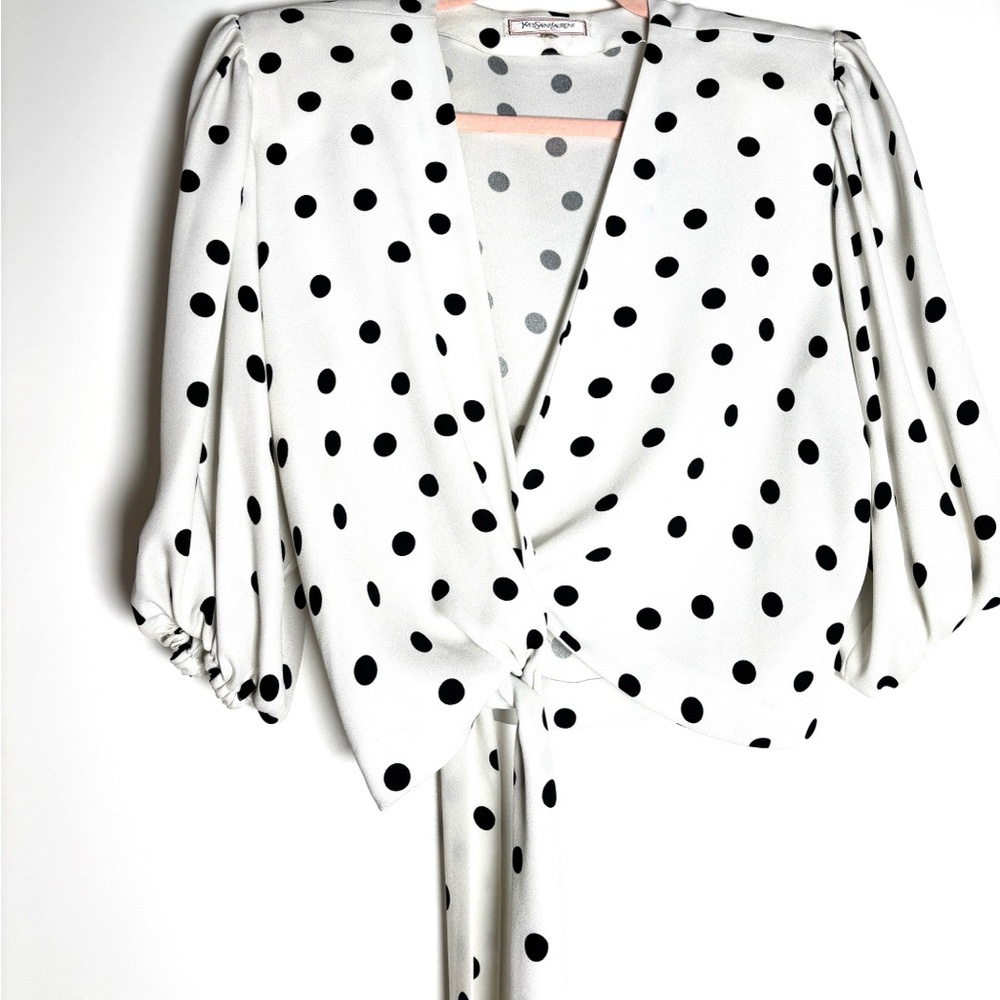 Vintage Yves Saint Laurent Polka Dot Silk Wrap Blouse | 1980s French Couture